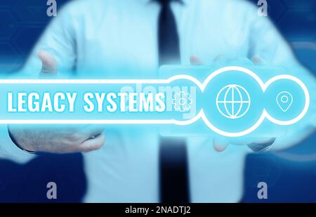 Schild mit Altsystemen, Geschäftsübersicht Computersystem mit alter Methodentechnologie oder Anwendungsprogramm Stockfoto