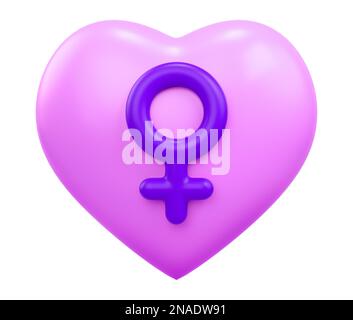 Rosafarbenes Herz mit weiblichem Symbol isoliert auf weißem Hintergrund. Ausgeschnittenes Objekt für den Internationalen Frauentag in der Abbildung 3D Stockfoto
