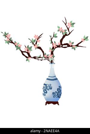 Asiatisch-chinesischer Stil, Pflaumenblüte, Zeladenvase, Aquarell Stockfoto