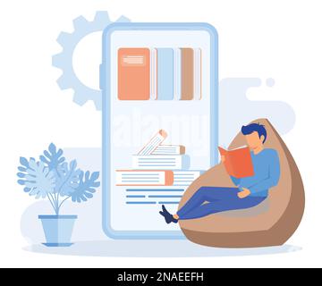 Verschiedene Online-Bildungs-, Wissens- und Bibliothekssymbole. Menschen Lesen Bücher. Mädchen und Jungen mit offenen Büchern in Händen, die in der Bibliothek lernen. F Stock Vektor