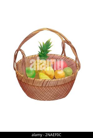 Asiatisch-chinesischer Obstkorb in Aquarellfarben Stockfoto