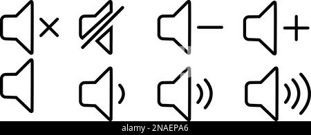 Symbolgruppe für Silhouettenlinien-Lautstärkesymbole. Lautstärkesymbole. Schwarze Lautstärkesymbole. Symbol für die Lautstärke des Lautsprechers. Vektordarstellung für laute und stummgeschaltete Lautsprecher Stock Vektor