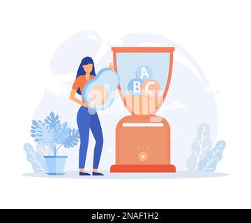 Illustration einer gesunden Ernährung. Charaktere, die Proteine und frischen Gemüse-Smoothie mit Vitaminen trinken. Flache Vektoren, moderne Illustration Stock Vektor