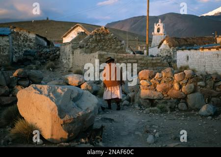 Eine Aymara-Frau und eine Katze auf einem Weg in einem Dorf in der Atacama-Wüste, Chile Stockfoto