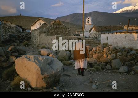 Eine Aymara-Frau und eine Katze auf einem Weg in einem Dorf in der Atacama-Wüste, Chile Stockfoto