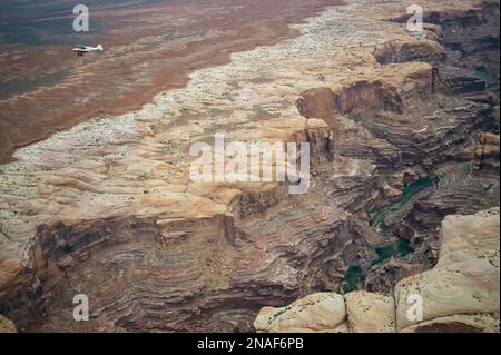 Ein kleines Flugzeug fliegt über dem Colorado River in einer Schlucht im Canyonlands National Park, Utah, USA Stockfoto