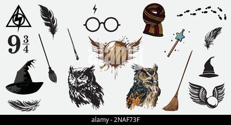 HpDifferente Elemente für Hexen und Zauberer an der Schule der Magie Stock Vektor