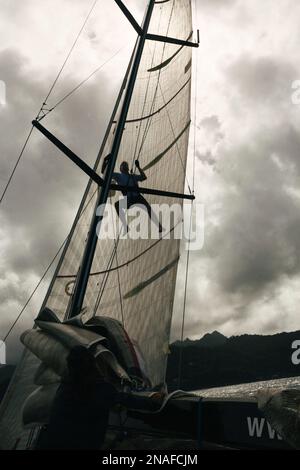 Segeln vor der Insel Grenada in der Karibik. Szene vom 2011 Mt. Gay Rum Yachtrennen, das die Insel Grenada umrundet Stockfoto