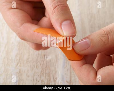 Papierhandwerk. Heimwerker-Tiermaske. Schritt 7: Karte entlang der Bruchkerbe falten Stockfoto