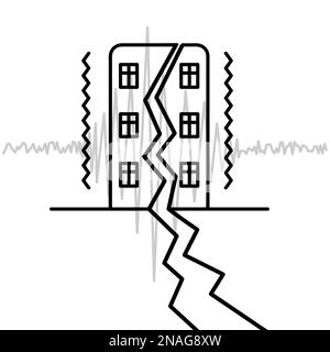 Das Gebäude vibriert. Skizzieren. Seismographische Daten zeichnen das Erdbeben auf. Es gab einen Riss in der Wand des Hauses. Stock Vektor