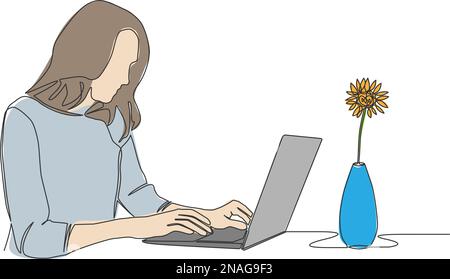 Farbige einzeilige Zeichnung einer Unternehmerin mit Laptop-Computer, Strichkunstgrafik-Vektorgrafik Stock Vektor