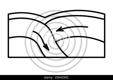 Bewegung lithosphärischer Platten. Von der Quelle des Erdbebens kommt eine kreisförmige Vibration. Skizzieren. Tektonische Platten sind übereinander. Stock Vektor