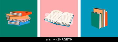 Farbige Poster mit handgezeichneten geschlossenen und offenen Büchern. Literatur, Wörterbücher, Planer isoliert auf farbigem Hintergrund. Bücherei, Buchladen-Poster Stock Vektor