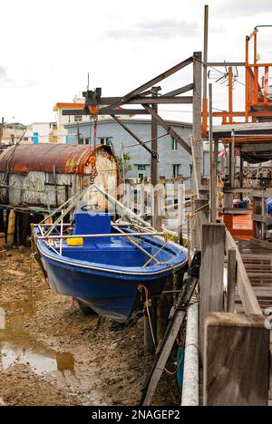 Tai O Fischerdorf, Lantau Island. Primitive Blechhäuser stehen auf Pfählen, an denen Fischerboote festgemacht sind. Eine beliebte Touristenattraktion in Stockfoto