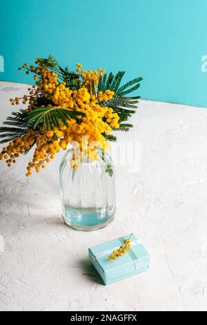 Gelbe Mimosablumen in Glasvase und Geschenk in einer Schachtel auf einem Tisch vor der blauen Wand. Stillleben, Frühjahrsferien-Konzept. Nahaufnahme. Stockfoto