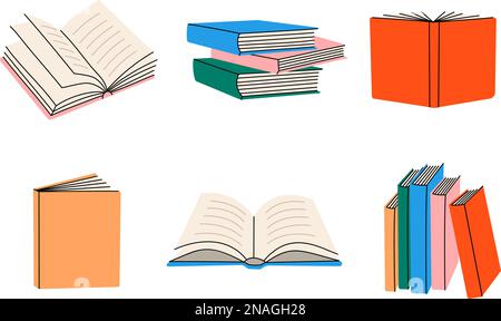 Bunte Bücher. Stapel von Lehrbüchern für den Unterricht. Buchladen, Bücherei, Buchladensymbole. Vektordarstellung Stock Vektor