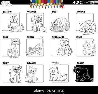 Schwarz-weißer Cartoon Darstellung der Grundfarben mit Comic-Katzenfiguren informative Ausmalseite Stock Vektor