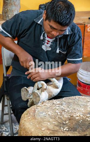 Ein Kunsthandwerker schnitzt ein Alebrije-Spirituosentier aus einem Block Kopalholz in einer Werkstatt in San Martin Tilcajete, Oaxaca, Mexiko. Stockfoto