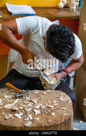 Ein Kunsthandwerker schnitzt ein Alebrije-Spirituosentier aus einem Block Kopalholz in einer Werkstatt in San Martin Tilcajete, Oaxaca, Mexiko. Stockfoto