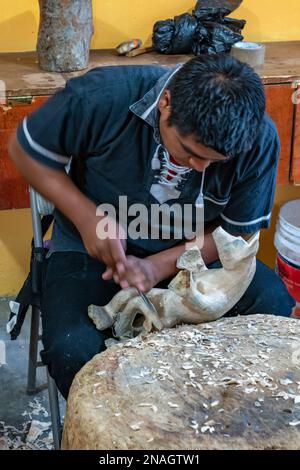 Ein Kunsthandwerker schnitzt ein Alebrije-Spirituosentier aus einem Block Kopalholz in einer Werkstatt in San Martin Tilcajete, Oaxaca, Mexiko. Stockfoto