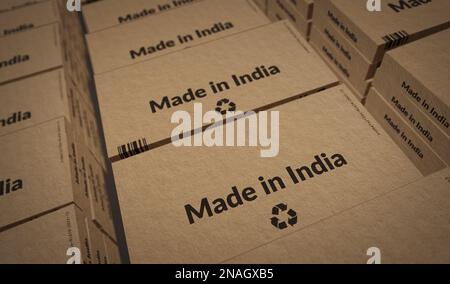 Hergestellt in India Box Produktionslinie. Fertigung und Lieferung. Produktfabrik, Import und Export. Abstrakte Darstellung des Konzepts für 3D-Rendering. Stockfoto