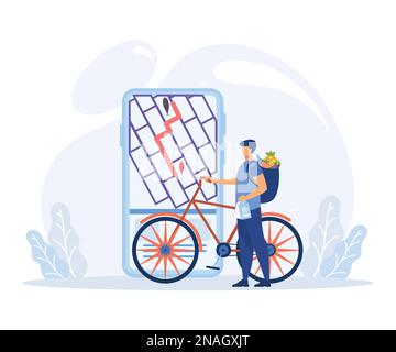 Illustrationsset zur Lieferung von Lebensmitteln. Die Figur kauft online frisches Bio-Gemüse und Lebensmittel, legt sie in den Warenkorb oder Einkaufswagen und Stock Vektor