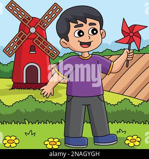 Spring Boy hält einen pinwheel-farbenen Cartoon Stock Vektor