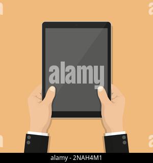 Geschäftsleute halten das Tablet mit leerem Bildschirm in flachem Design Stock Vektor