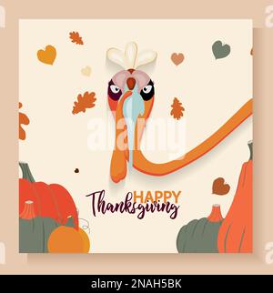 Thanksgiving-Grußbanner. Lustiger truthahn-Postkartenherbst. Poster zum Thanksgiving-Tag der Familie Stock Vektor