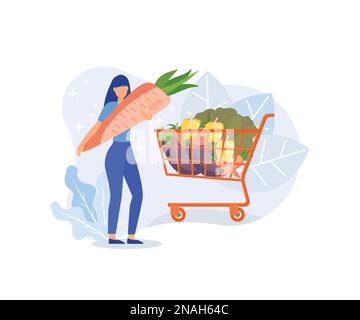 Gemüsespezialitäten im Supermarkt. Die Figur kauft online ein und legt frisches Gemüse und Lebensmittel in den Warenkorb oder -Wagen. Lebensmittel und h Stock Vektor