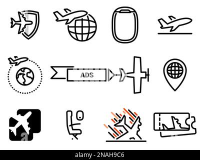 Satz schwarzer Vektorsymbole, isoliert vor weißem Hintergrund. Flache Darstellung eines Themas Lufttransport, Flugzeug Stock Vektor