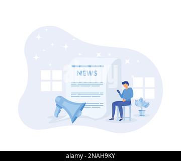 Illustration einer gesunden Ernährung. Charaktere lesen Finanz-, Wirtschafts- und Weltnachrichten in Zeitungen. Menschen analysieren gefälschte Informationen in Social medi Stock Vektor