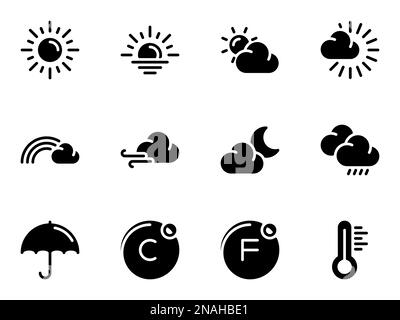Einfache Vektorsymbole. Flache Darstellung eines Themas, Wetterbedingungen und Bezeichnungen Stock Vektor