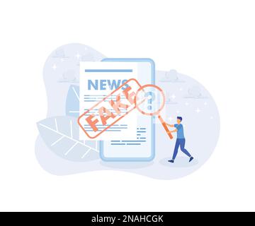 Illustration einer gesunden Ernährung. Charaktere lesen Finanz-, Wirtschafts- und Weltnachrichten in Zeitungen. Menschen analysieren gefälschte Informationen in Social medi Stock Vektor