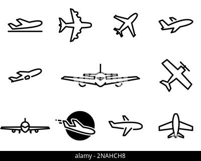 Satz schwarzer Vektorsymbole, isoliert vor weißem Hintergrund. Flache Darstellung eines Themas Lufttransport, Flugzeug Stock Vektor