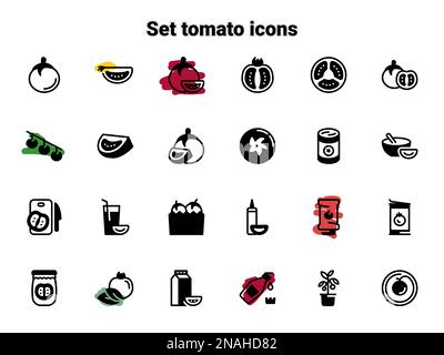 Einfache Vektorsymbole. Flache Darstellung auf einer Thementomate, Scheibe, Ganzes, appetitlich Stock Vektor