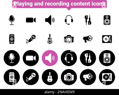 Einfache Vektorsymbole. Flache Darstellung der Erstellung, Aufzeichnung und Wiedergabe von Themeninhalten Stock Vektor