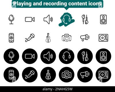Einfache Vektorsymbole. Flache Darstellung der Erstellung, Aufzeichnung und Wiedergabe von Themeninhalten Stock Vektor
