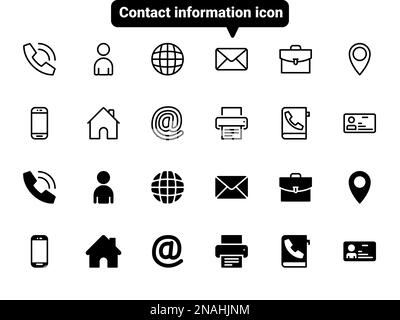 Satz schwarzer Vektorsymbole, isoliert vor weißem Hintergrund. Flache Darstellung der Kontaktdetails eines Themas, grundlegende Informationen Stock Vektor