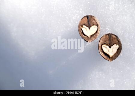 Zwei weiße Herzen aus Walnusshälften vor dem Hintergrund von weißem Schnee, Konzept des Valentinstag und Gesundheit, Copy Space Stockfoto