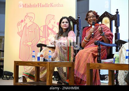 Kalkutta, Indien. 12. Februar 2023. Podiumsdiskussion über "die Zukunft der Milchwirtschaft" von Vikram Doctor, Sanjoo Malhotra und Anmol Singh Narula im Gespräch mit Rishika das Roy Singhee im Rathaus von Kalkutta. (Kreditbild: © Suraranjan Nandi/Pacific Press via ZUMA Press Wire) NUR REDAKTIONELLE VERWENDUNG! Nicht für den kommerziellen GEBRAUCH! Stockfoto