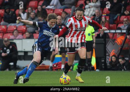 Sheffield, Großbritannien. 12. Februar 2023. Sheffield, England, Februar 12. 2023: Georgia Walters kontrolliert den Ball während Sheffield United gegen Charlton Athletic - Bramall Lane, Sheffield (Sean Chandler/SPP) Credit: SPP Sport Press Photo. Alamy Live News Stockfoto