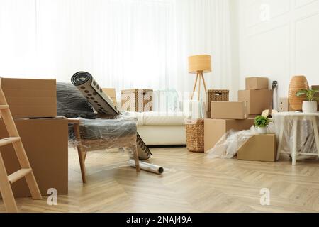 Pappkartons, Topfpflanzen und Haushaltswaren in Innenräumen. Umzugstag Stockfoto