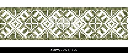 Geometrisches Muster im Militärdesign. Einrichtung in ukrainischer Volksethnik. Einrichtung im urbanen Stil mit Pixelkunstvektoren. Modischer militärischer Aufdruck in grünen Farben Stock Vektor