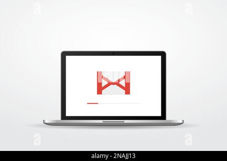 Realistischer Laptop mit Umschlag auf dem Bildschirm. E-Mail-Hintergrund. Stock Vektor