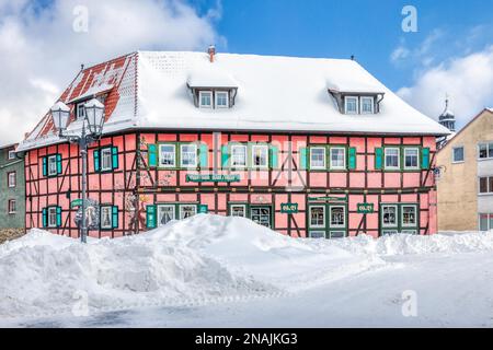 Bilder vom winterlichen Harzgerode im Harz Selke Valley Stockfoto