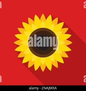 Sonnenblumensymbol im flachen Stil mit langem Schatten auf rotem Hintergrund. Vektordarstellung. Stock Vektor