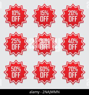 Sale Tags Set Vector Badges Template, 10 Rabatt, 15 %, 20, 25, 30, 40, 50, 60, 70 % Sale-Label-Symbole, Rabattaktion Flachsymbol mit langem Farbton Stock Vektor