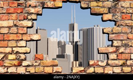 Blick durch ein Loch in der Wand auf die Skyline einer Großstadt Stockfoto