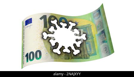 100 Euro Banknote mit eingebranntem Coronavirus Stockfoto